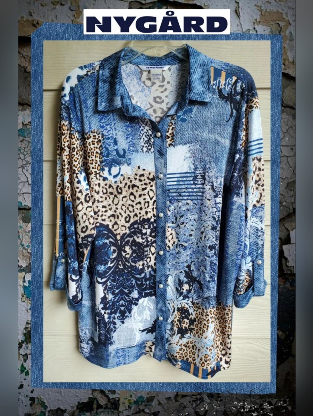 Nygard Patchwork Multi Patterned Grungy Abstract Urban Button-down Blouse
